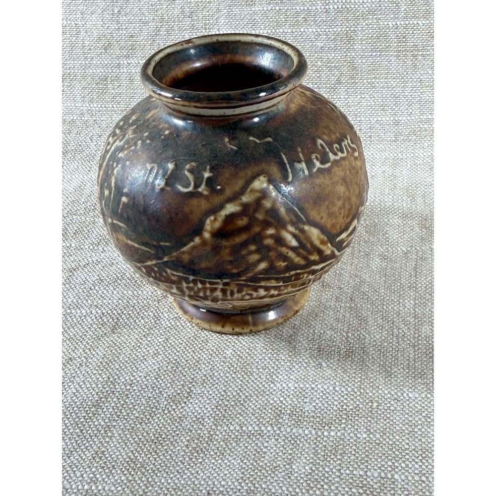 Mount St Helens 1980 Pottery Vase Etched Ceramic Bud Vase Vintage Volcano Art